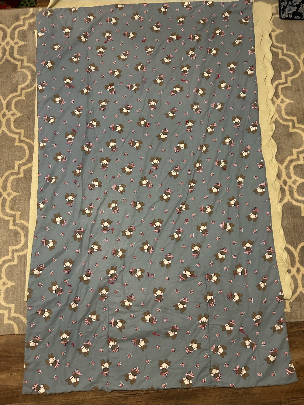 Handmade blue patriotic teddy bear quilt throw ..it folds into a pillow